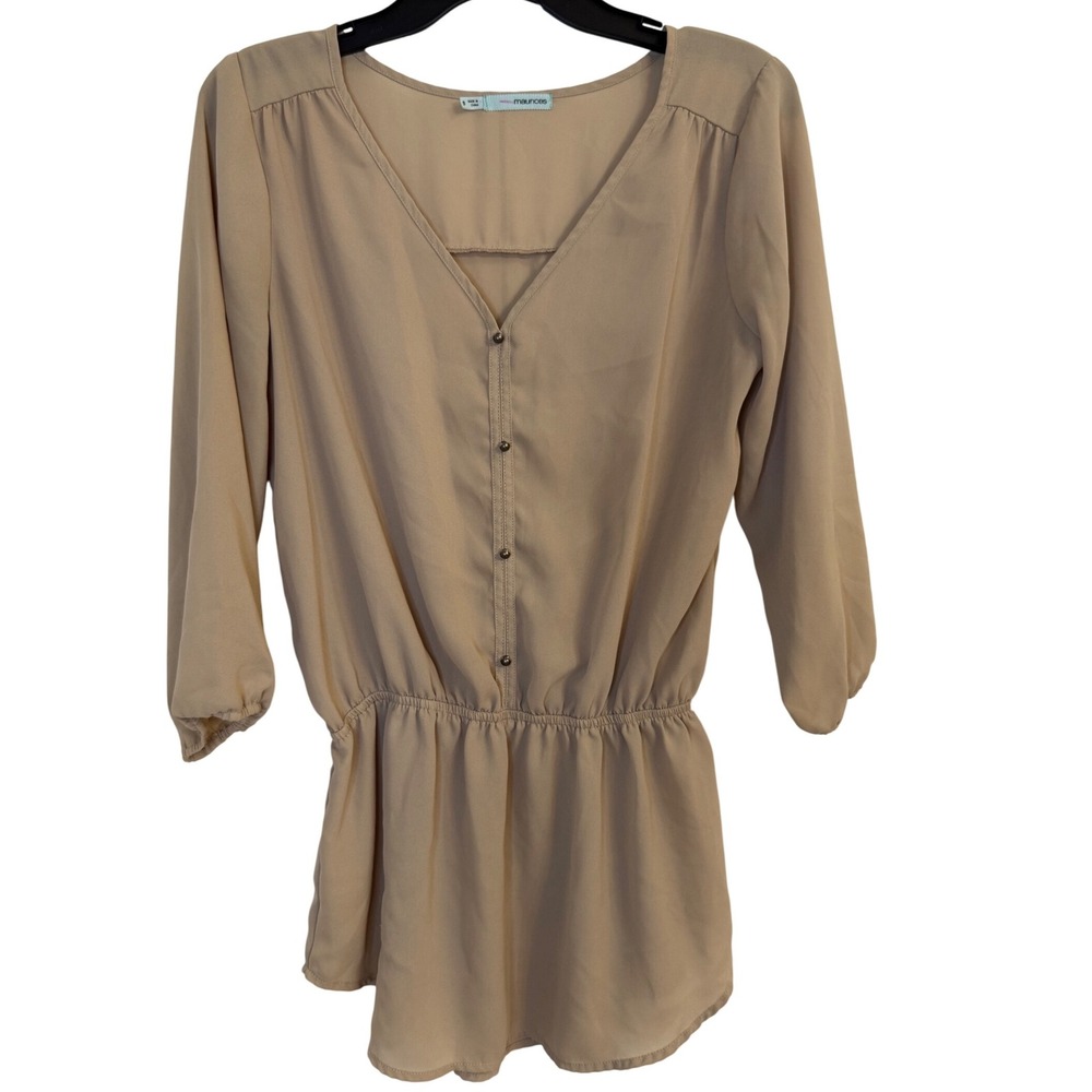 Maurices Women's Beige Peplum Tunic Blouse V-Neck Button Front Elastic Waist‎ To